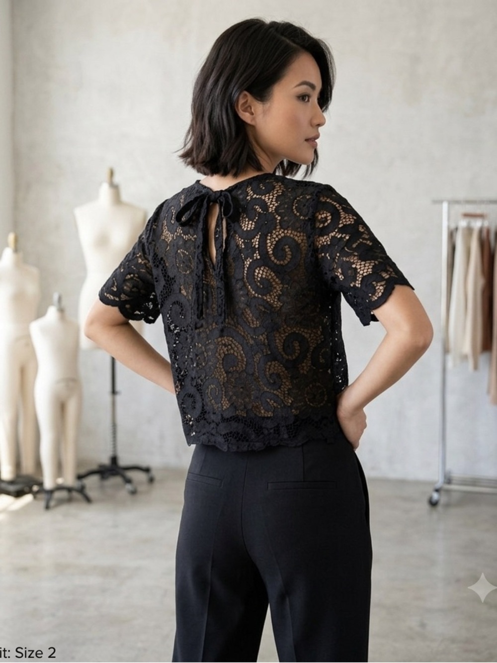 Nanette Lepore Black Valentina Re-Embroidered Lace Bow Back Top XS